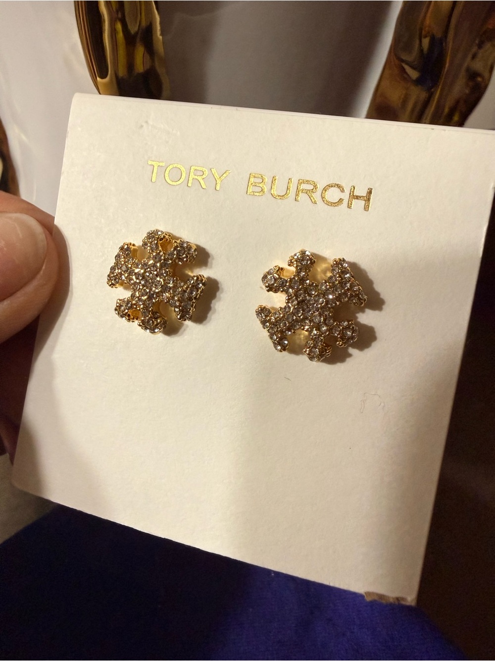 Tory Burch Gold Tone Crystal Logo Stud Earrings